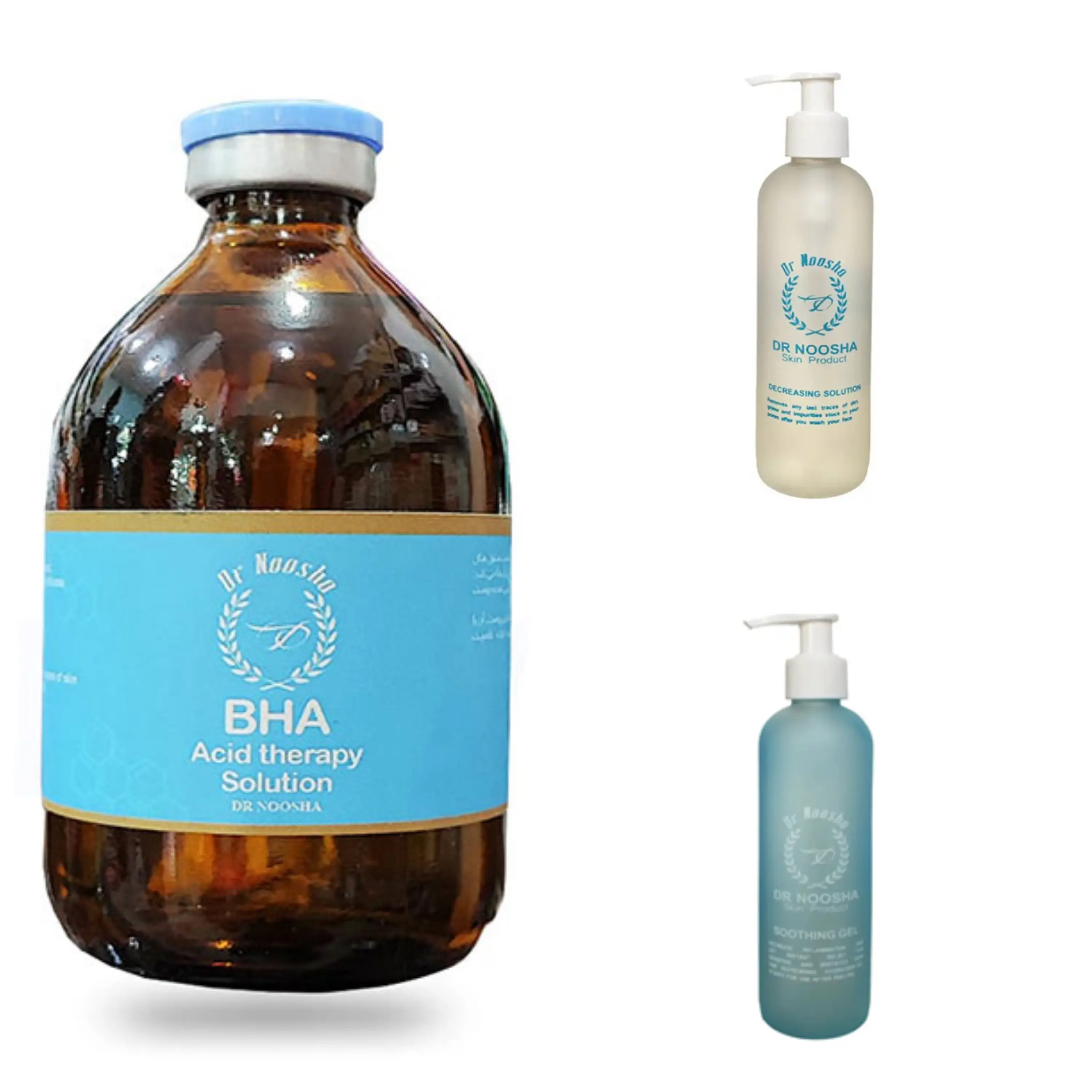 محلول اسیدتراپی ب اچ آ (BHA) دکترنوشا حجم 100 میل ، محلول قبل از اسید تراپی ، ژل بعد از اسید تراپی و رقیق کننده